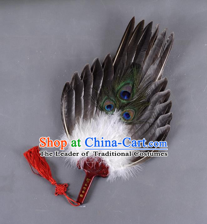 Traditional Chinese Crafts Folding Fan China Black Feather Fan Oriental Fan Zhuge Liang Fans