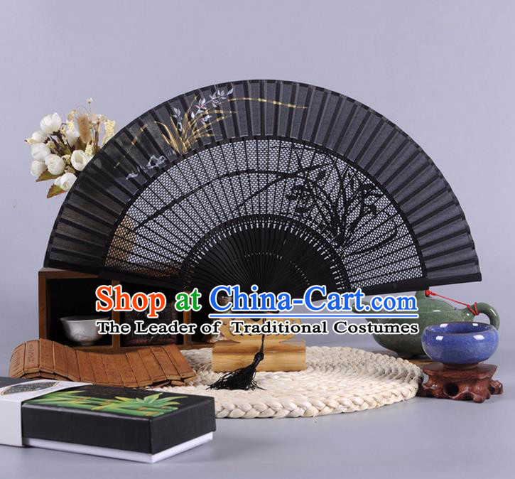 Traditional Chinese Crafts Hollow Out Orchid Folding Fan China Oriental Black Bamboo Fans for Women