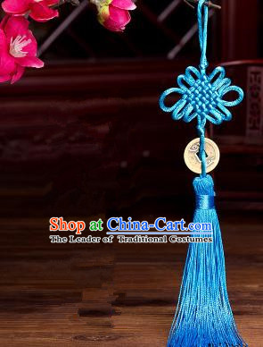 Traditional Chinese Fans Accessories Pendant Blue Tassel Chinese Knots Fans Pendant