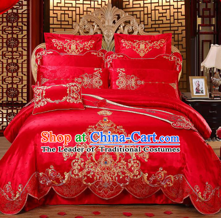 Traditional Chinese Wedding Red Satin Qulit Cover Embroidered Bedding Sheet Ten-piece Duvet Cover Textile Complete Set