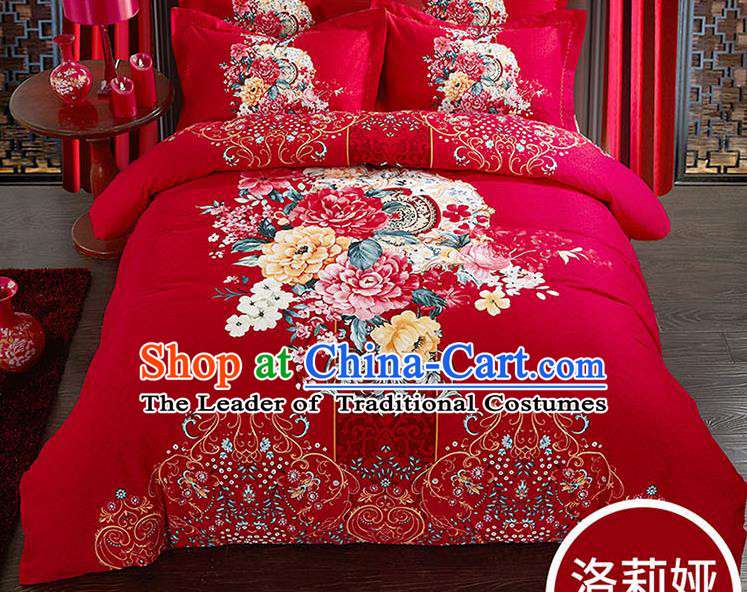 Traditional Chinese Wedding Red Qulit Cover Printing Peony Bedding Sheet Four-piece Duvet Cover Textile Complete Set