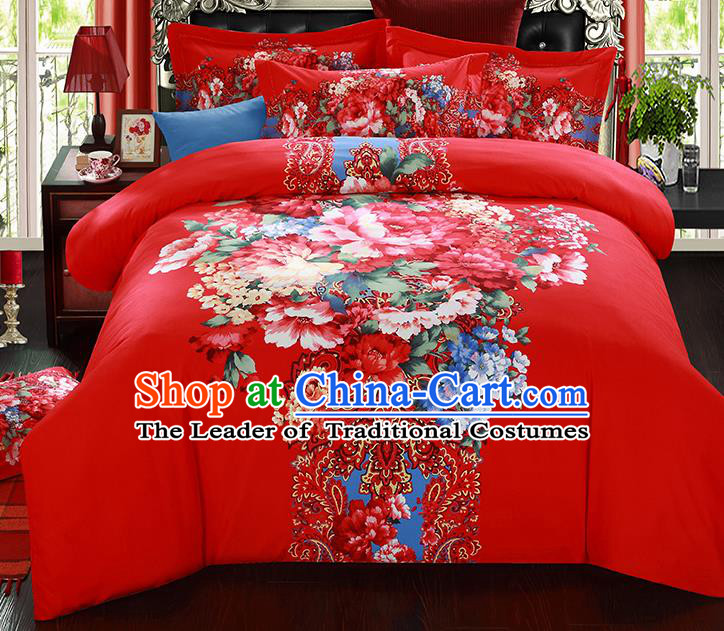 Traditional Chinese Wedding Red Printing Flowers Qulit Cover Bedding Sheet Four-piece Duvet Cover Textile Complete Set