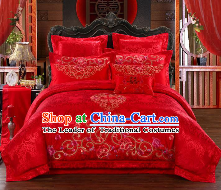 Traditional Chinese Wedding Red Satin Qulit Cover Bedding Sheet Embroidered Peony Ten-piece Duvet Cover Textile Complete Set