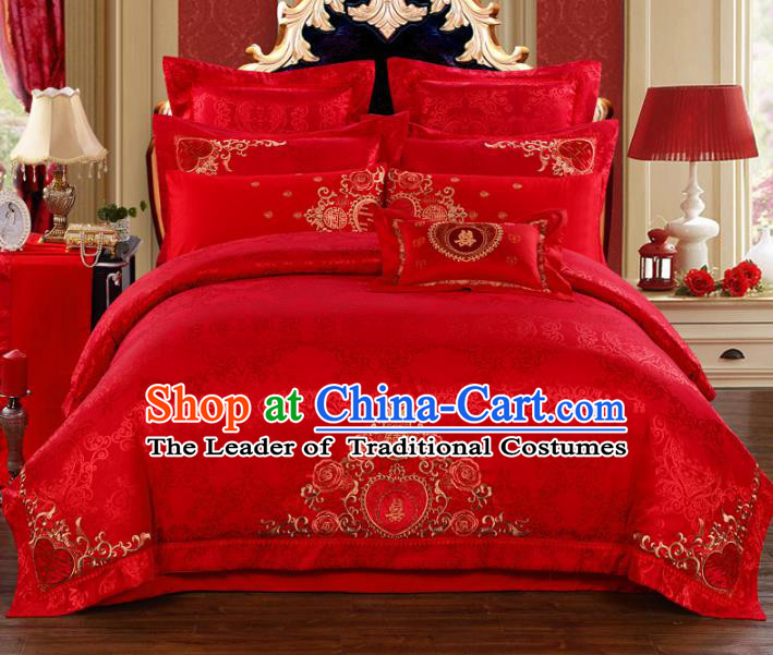 Traditional Chinese Wedding Red Satin Qulit Cover Bedding Sheet Embroidered Xi Character Ten-piece Duvet Cover Textile Complete Set