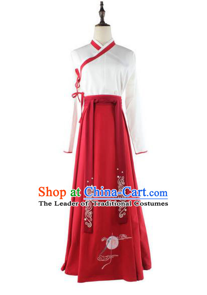 Traditional Chinese Ancient Han Dynasty Young Lady Hanfu Costume Embroidered White Blouse and Red Skirt for Women