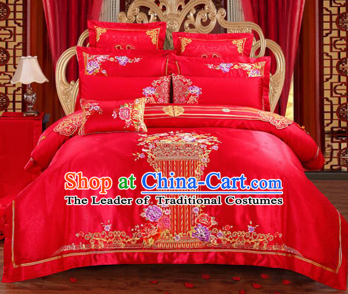 Traditional Chinese Wedding Red Embroidered Peony Ten-piece Bedclothes Duvet Cover Textile Qulit Cover Bedding Sheet Complete Set