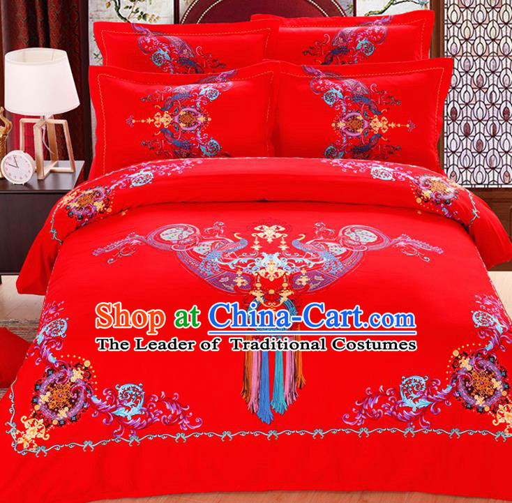 Traditional Chinese Wedding Red Printing Four-piece Bedclothes Duvet Cover Textile Qulit Cover Bedding Sheet Complete Set