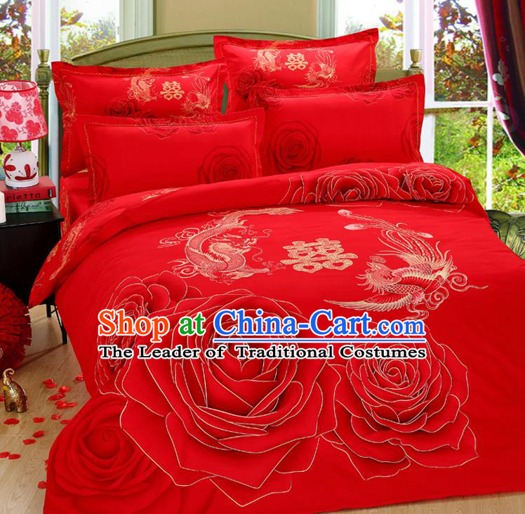 Traditional Chinese Wedding Red Printing Dragon Phoenix Four-piece Bedclothes Duvet Cover Textile Qulit Cover Bedding Sheet Complete Set