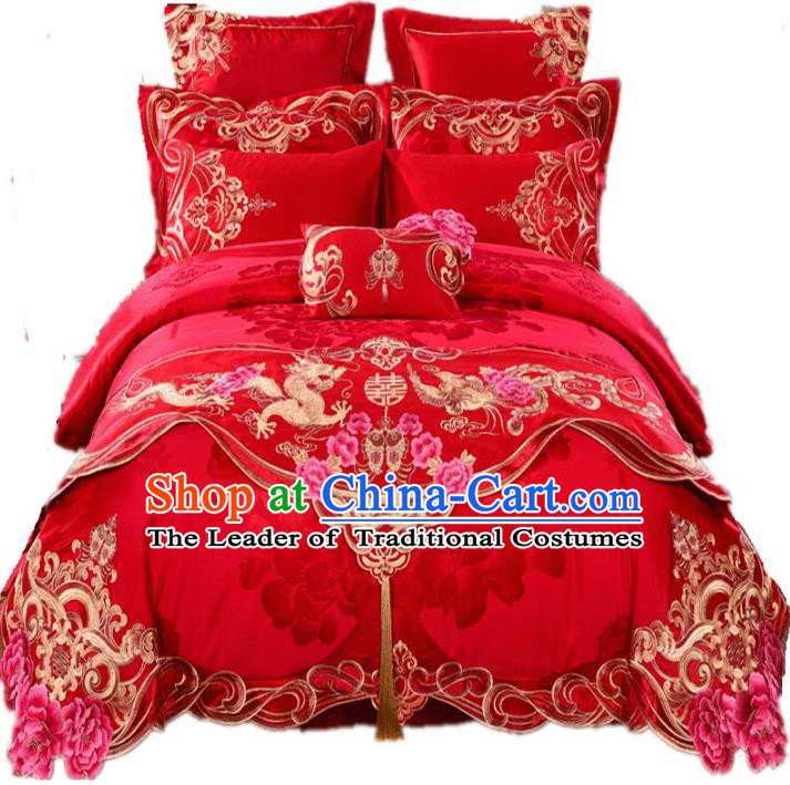 Traditional Chinese Wedding Red Satin Embroidered Dragon Phoenix Ten-piece Bedclothes Duvet Cover Textile Qulit Cover Bedding Sheet Complete Set