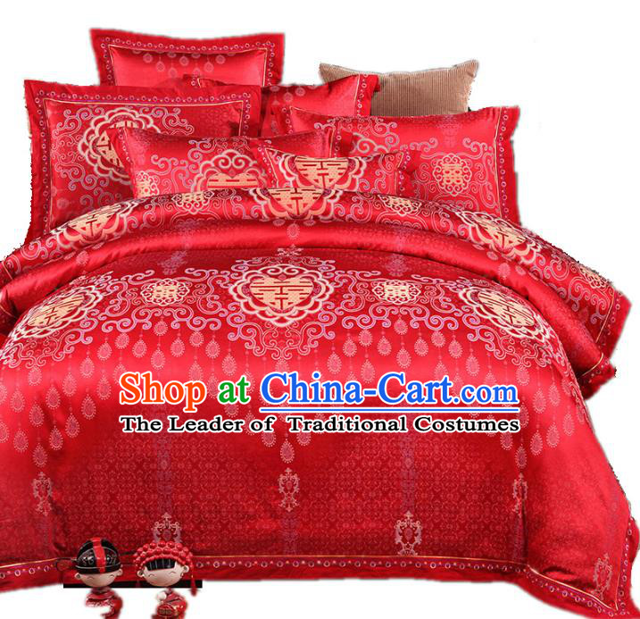Traditional Chinese Wedding Red Satin Embroidered Six-piece Bedclothes Duvet Cover Textile Qulit Cover Bedding Sheet Complete Set