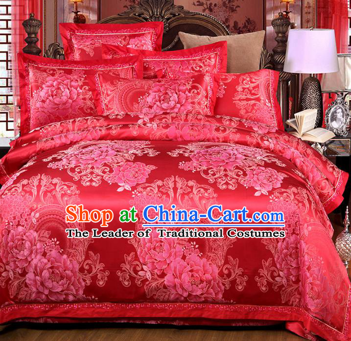 Traditional Chinese Wedding Red Satin Printing Peony Six-piece Bedclothes Duvet Cover Textile Qulit Cover Bedding Sheet Complete Set