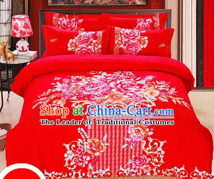 Traditional Chinese Wedding Printing Peony Red Four-piece Bedclothes Duvet Cover Textile Qulit Cover Bedding Sheet Complete Set