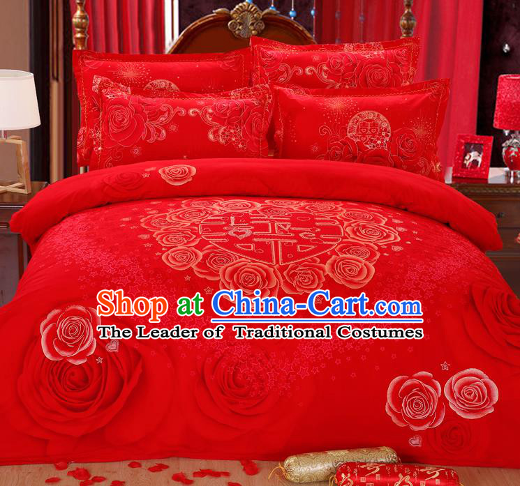 Traditional Chinese Wedding Printing Rose Red Four-piece Bedclothes Duvet Cover Textile Qulit Cover Bedding Sheet Complete Set