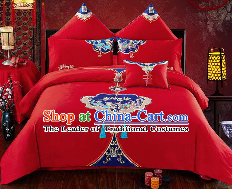 Traditional Chinese Wedding Embroidered Red Seven-piece Bedclothes Duvet Cover Textile Qulit Cover Bedding Sheet Complete Set