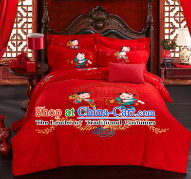 Traditional Chinese Wedding Printing Children Red Four-piece Bedclothes Duvet Cover Textile Qulit Cover Bedding Sheet Complete Set