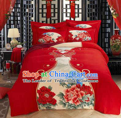 Traditional Chinese Wedding Printing Peony Red Four-piece Bedclothes Duvet Cover Textile Qulit Cover Bedding Sheet Complete Set