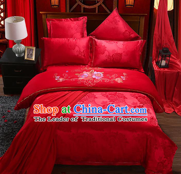 Traditional Chinese Wedding Embroidered Rose Red Satin Six-piece Bedclothes Duvet Cover Textile Qulit Cover Bedding Sheet Complete Set