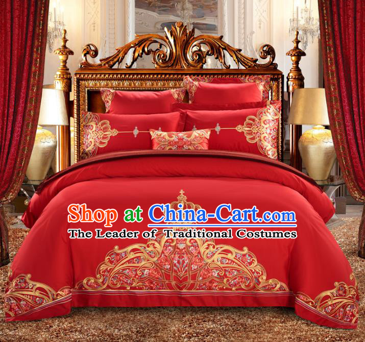 Traditional Chinese Wedding Embroidered Red Satin Six-piece Bedclothes Duvet Cover Textile Qulit Cover Bedding Sheet Complete Set