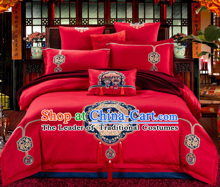 Traditional Chinese Wedding Embroidered Red Seven-piece Bedclothes Duvet Cover Textile Qulit Cover Bedding Sheet Complete Set