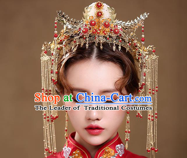 Chinese Traditional Bride Hair Jewelry Accessories Xiuhe Suit Tassel Hairpins Headwear Wedding Phoenix Coronet for Women