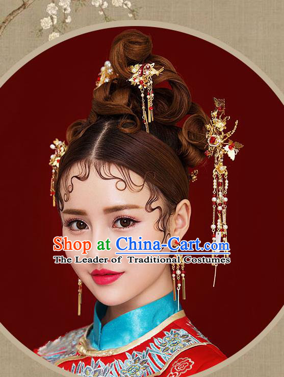 Chinese Traditional Bride Hair Jewelry Accessories Palace Xiuhe Suit Red Crystal Hairpins Wedding Tassel Phoenix Coronet for Women