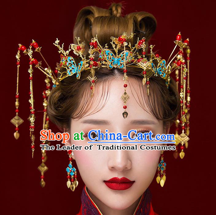 Chinese Traditional Bride Hair Jewelry Accessories Palace Xiuhe Suit Butterfly Tassel Phoenix Coronet Wedding Hairpins for Women