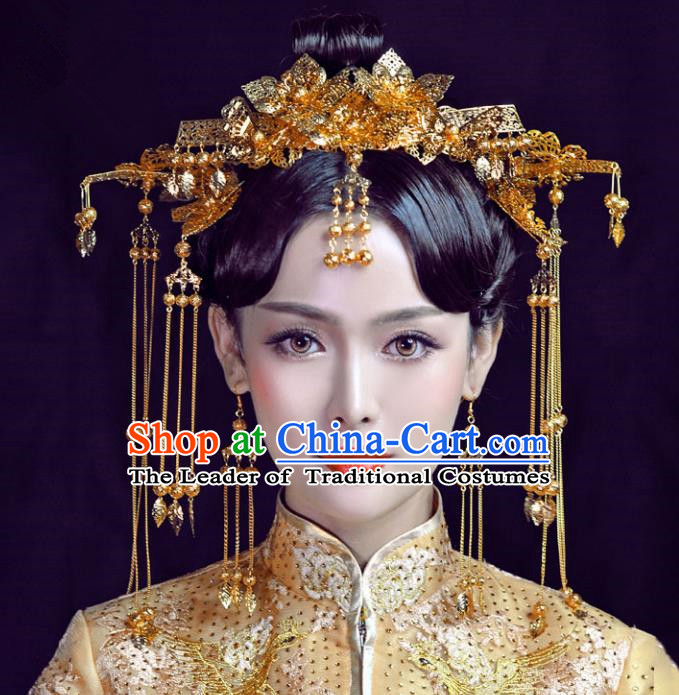 Chinese Traditional Bride Hair Accessories Palace Queen Xiuhe Suit Golden Phoenix Coronet Wedding Hairpins for Women