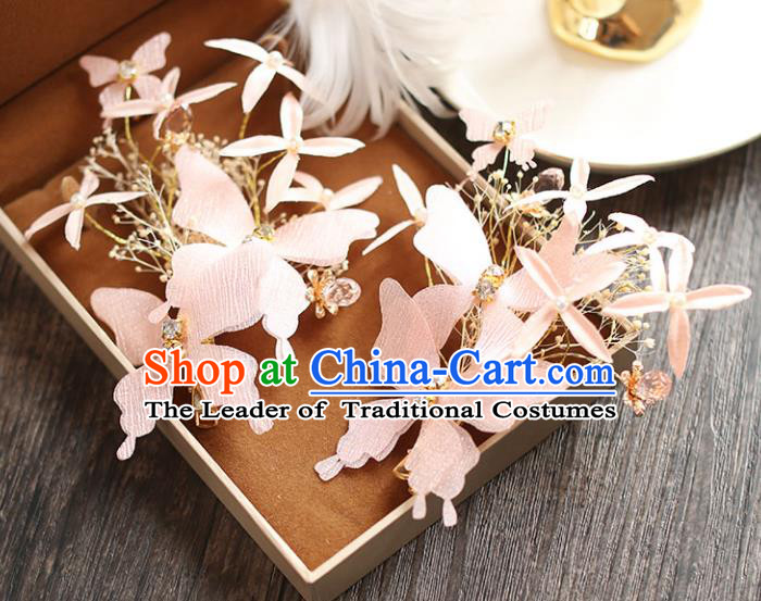 Chinese Traditional Bride Hair Jewelry Accessories Wedding Baroque Retro Pink Silk Butterfly Hair Stick for Women