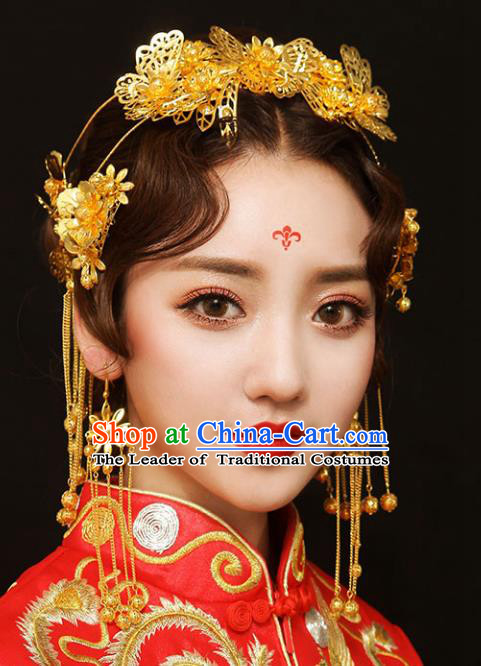 Chinese Traditional Bride Hair Accessories Palace Queen Xiuhe Suit Golden Phoenix Coronet Wedding Hairpins for Women