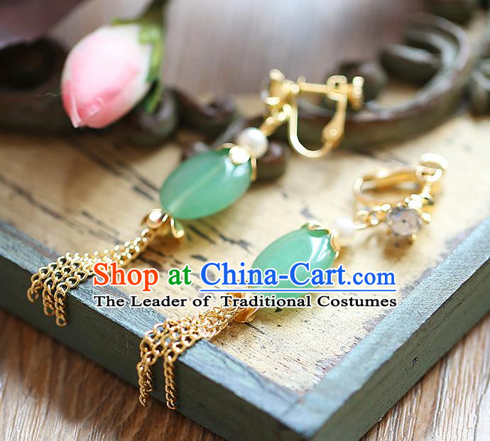 Chinese Traditional Bride Jewelry Accessories Eardrop Princess Wedding Hanfu Green Jade Tassel Earrings for Women