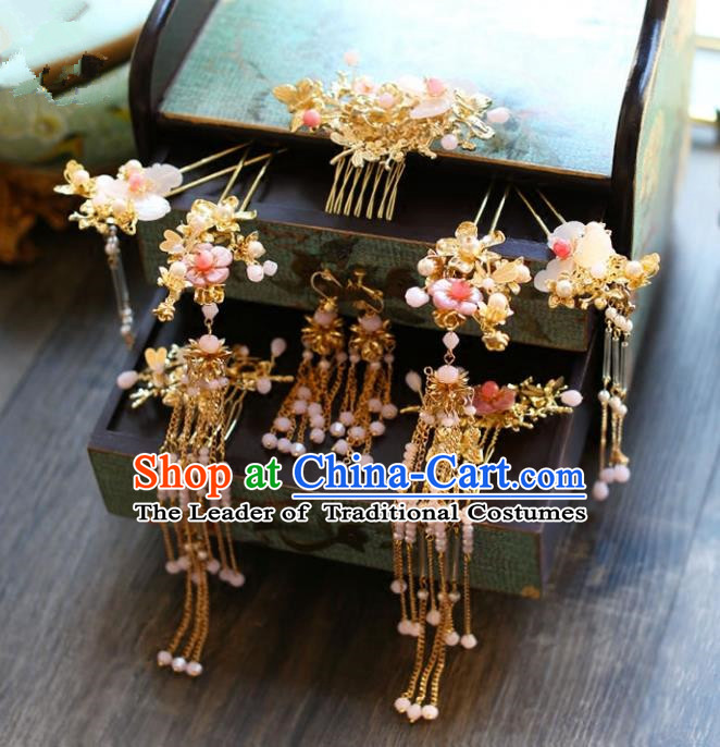 Chinese Traditional Bride Hair Accessories Headwear Xiuhe Suit Palace Pink Flowers Step Shake Wedding Hairpins for Women