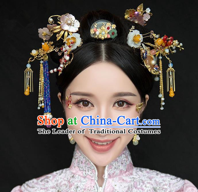 Chinese Traditional Bride Hair Accessories Xiuhe Suit Jade Hair Comb Wedding Hairpins Complete Set for Women