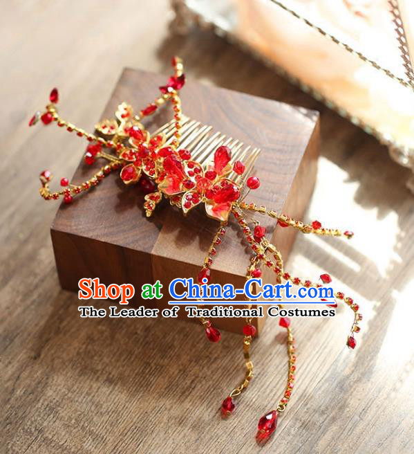 Chinese Traditional Bride Hair Accessories Baroque Princess Wedding Red Crystal Hair Comb for Women