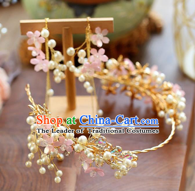 Chinese Traditional Bride Hair Accessories Baroque Princess Wedding Pink Flowers Pearls Hair Clasp for Women