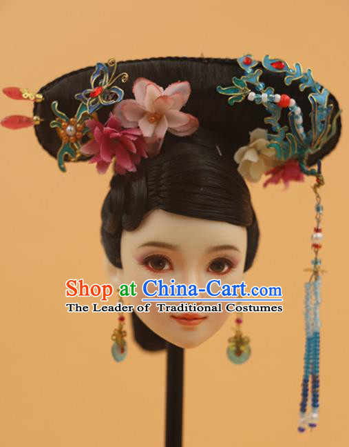 Chinese Traditional Silk Figurine Doll Hair Accessories Hairpins Qing Dynasty Manchu Princess Headwear