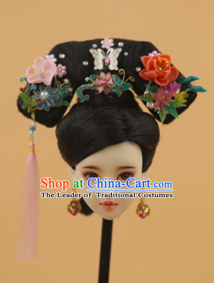 Chinese Traditional Silk Figurine Doll Hair Accessories Hairpins Qing Dynasty Manchu Princess Headwear