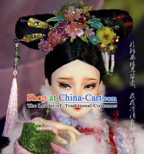 Chinese Traditional Silk Figurine Doll Hair Accessories Hairpins Qing Dynasty Manchu Princess Headwear