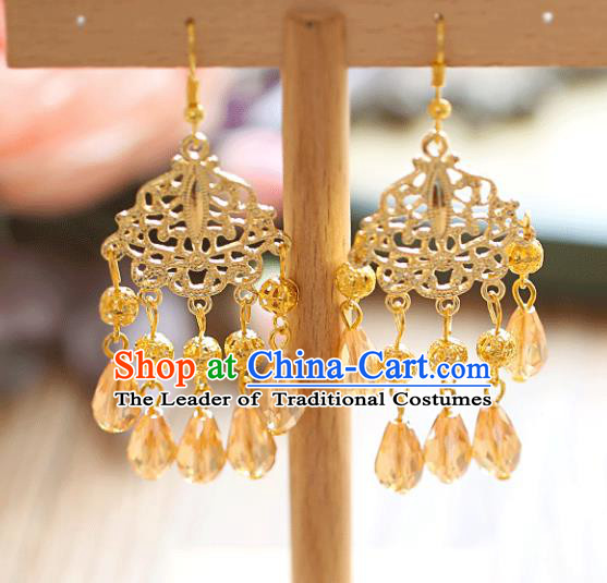 Chinese Traditional Bride Jewelry Accessories Golden Tassel Earrings Wedding Eardrop for Women