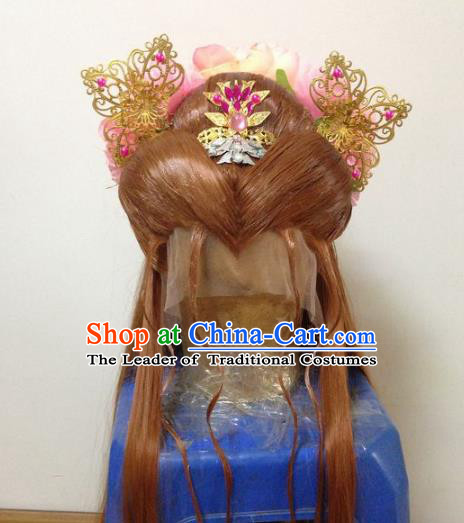 Chinese Traditional Ancient Imperial Princess Hair Accessories and Wigs Handmade Hairpins Complete Set for Women