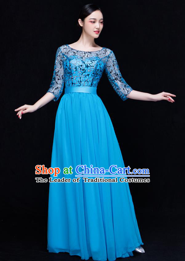 Traditional Chinese Modern Dance Costume Opening Dance Chorus Singing Group Blue Bubble Dress for Women