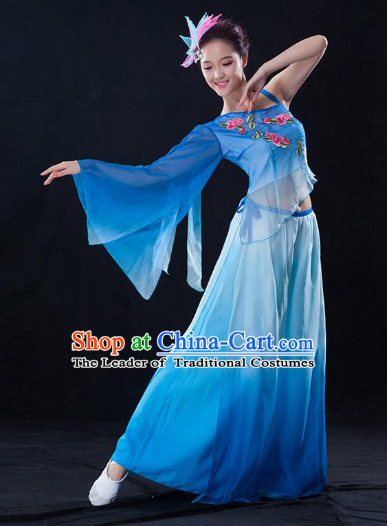 Traditional Chinese Classical Dance Fan Dance Embroidered Blue Costume, China Yangko Dance Clothing for Women