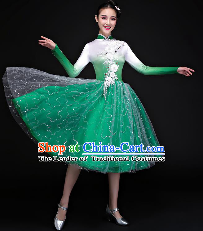 Traditional Chinese Modern Dance Costume, Opening Dance Chorus Singing Group Green Bubble Dress Clothing for Women