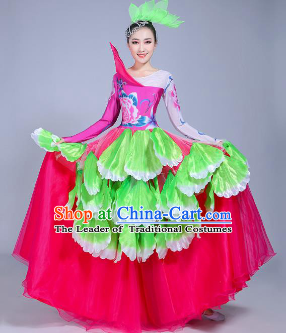 Traditional Chinese Modern Dance Opening Dance Flowers Dress Clothing, China Folk Dance Lotus Dance Costume for Women