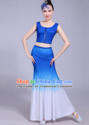 Traditional Chinese Dai Nationality Peacock Dance Blue Costume, China Folk Dance Pavane Dance Dress Clothing for Women