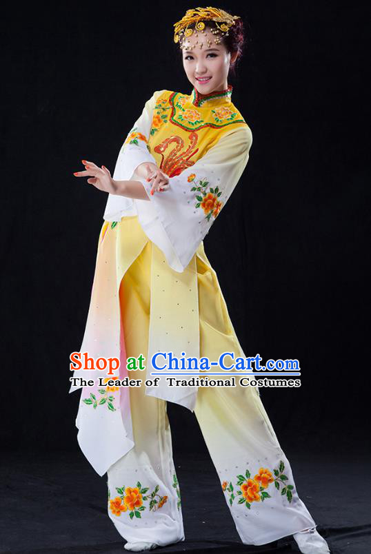 Traditional Chinese Classical Dance Umbrella Dance Water Sleeve Costume, China Folk Dance Yangko Yellow Clothing for Women