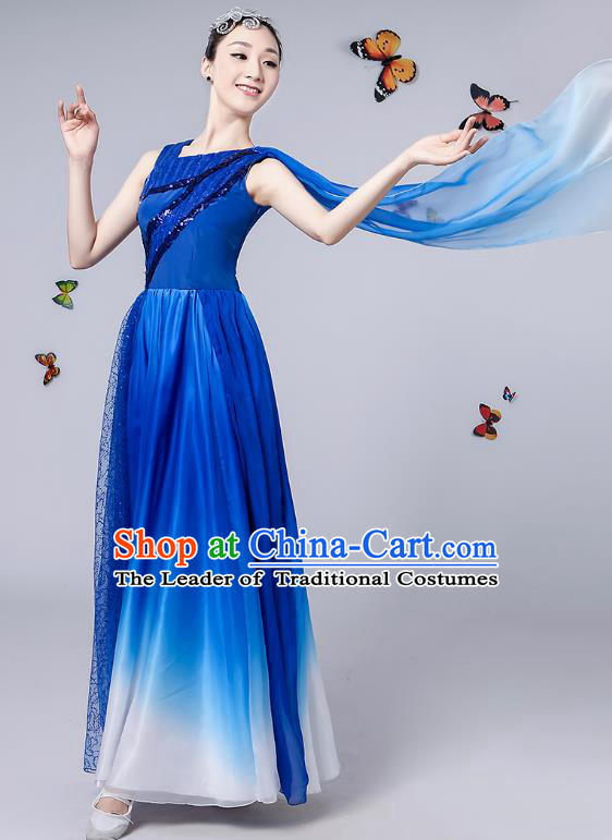 Traditional Chinese Modern Dance Opening Dance Clothing Chorus Blue Dress Costume for Women