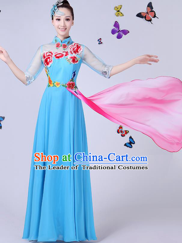 Traditional Chinese Modern Dance Opening Dance Clothing Chorus Blue Cheongsam Dress Costume for Women