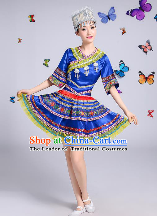 Traditional Chinese Miao Nationality Dance Costume, Hmong Female Folk Dance Ethnic Pleated Skirt Embroidery Clothing for Women