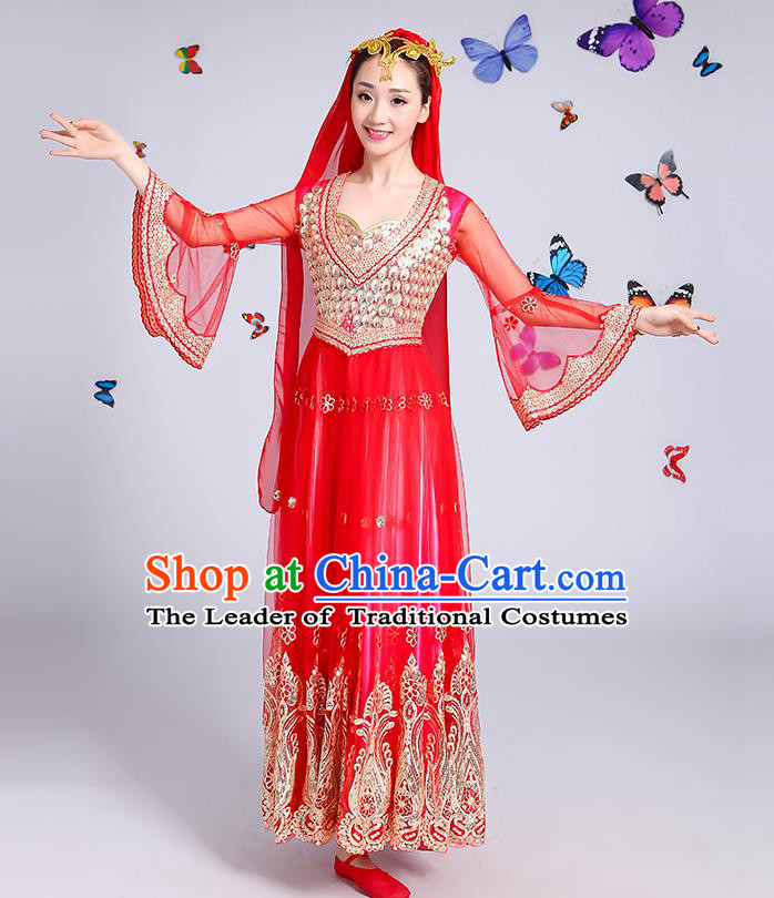 Traditional Chinese Uyghur Nationality Dance Costume, Chinese Uigurian Minority Dance Red Dress Clothing for Women