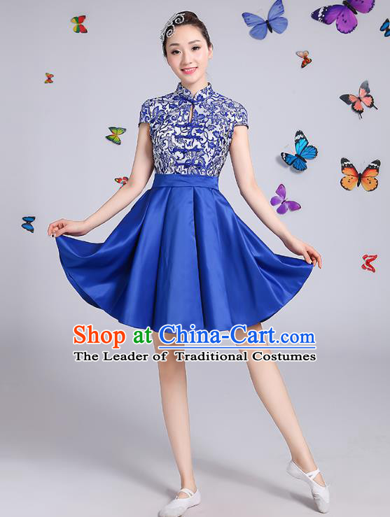 Traditional Chinese Modern Dance Opening Dance Clothing Chorus Blue Cheongsam Dress Costume for Women